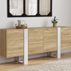 Buffet enfilade 200 cm 4 portes bois et blanc