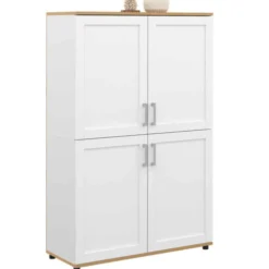 Buffet haut blanc et bois avec 4 portes 125 cm
