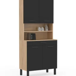 Buffet haut de cuisine bois façon hêtre 80 cm 4 portes + tiroir noir