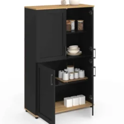 Buffet haut noir et bois avec 4 portes 125 cm