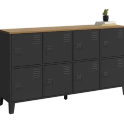 Buffet industriel casier 139 cm avec 8 portes en métal noir et plateau bois