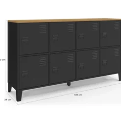 Buffet industriel casier 139 cm avec 8 portes en métal noir et plateau bois