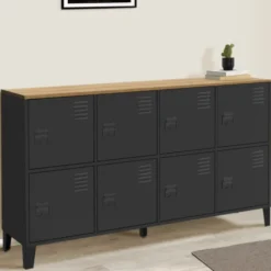 Buffet industriel casier 139 cm avec 8 portes en métal noir et plateau bois