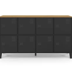 Buffet industriel casier 139 cm avec 8 portes en métal noir et plateau bois