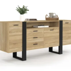 Buffet industriel de 180 cm avec 3 portes, 3 tiroirs et niche, coloris bois et noir