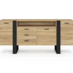 Buffet industriel de 180 cm avec 3 portes, 3 tiroirs et niche, coloris bois et noir