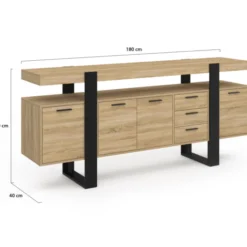 Buffet salon XXL 180 cm bois et noir 4 portes et 3 tiroirs