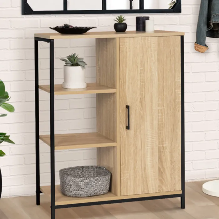 Buffet style industriel avec étagères et placard