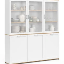 Buffet vaisselier 160 cm meuble de cuisine 6 portes blanc et bois