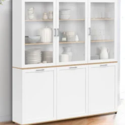 Buffet vaisselier 160 cm meuble de cuisine 6 portes blanc et bois