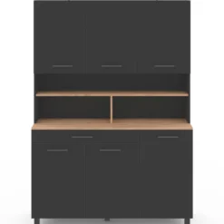 Buffet vaisselier noir 6 portes, 1 tiroir et plateaux façon hêtre