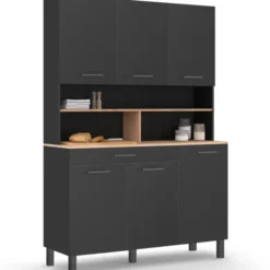 Buffet vaisselier noir 6 portes, 1 tiroir et plateaux façon hêtre