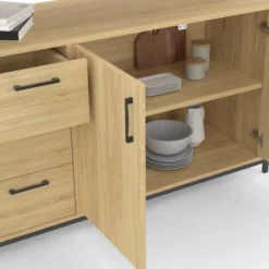 Buffet XXL bois et noir style industriel 180 cm 4 portes et tiroirs