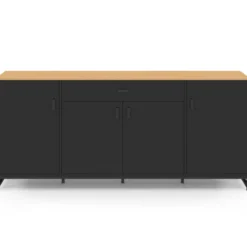 Buffet XXL 180 cm style industriel 4 portes et 1 tiroir noir et bois