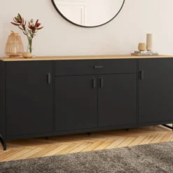 Buffet XXL 180 cm style industriel 4 portes et 1 tiroir noir et bois
