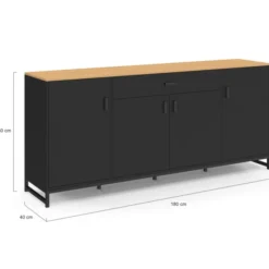 Buffet XXL 180 cm style industriel 4 portes et 1 tiroir noir et bois