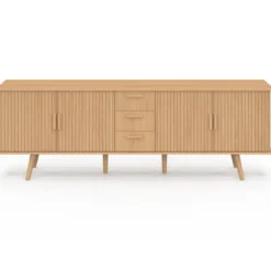 Buffet XXL de 180 cm avec 4 portes et 3 tiroirs à l’effet lattes et tasseaux en bois coloris chêne
