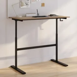 Bureau assis debout à manivelle hauteur réglable 70 - 120 cm bois façon hêtre et noir