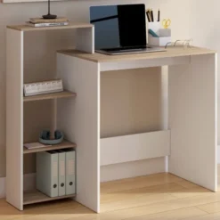 Bureau avec étagères modulables latérales bois façon hêtre et blanc