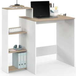 Bureau avec étagères modulables latérales bois façon hêtre et blanc