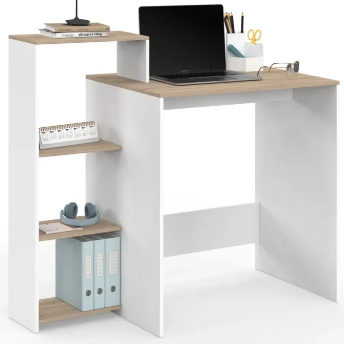 Bureau avec étagères modulables latérales bois façon hêtre et blanc