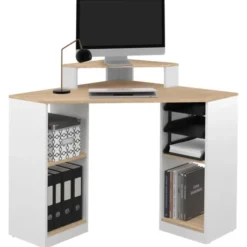 Bureau d'angle avec rangements blanc et façon hêtre