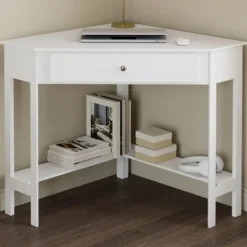 Bureau d'angle gain de place bureau informatique blanc avec rangements et 1 tiroir