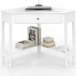 Bureau d'angle gain de place bureau informatique blanc avec rangements et 1 tiroir