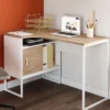 Bureau d’angle industriel métal blanc et bois façon hêtre
