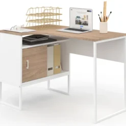 Bureau d’angle industriel métal blanc et bois façon hêtre