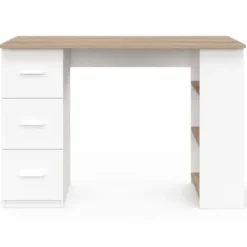 Bureau droit 3 tiroirs avec étagères de rangement blanc et bois