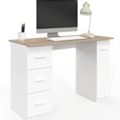 Bureau droit 3 tiroirs et porte placard blanc et bois