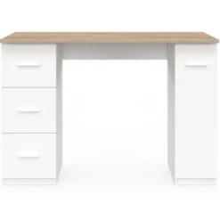 Bureau droit 3 tiroirs et porte placard blanc et bois