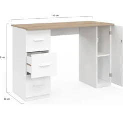 Bureau droit 3 tiroirs et porte placard blanc et bois