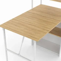 Bureau pliable avec étagères bois façon hêtre et blanc