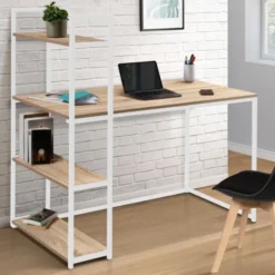 Bureau style industriel en métal blanc et bois avec étagères