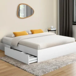 Cadre de lit double 140x190 blanc avec 4 tiroirs et sommier