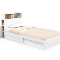 Cadre de lit simple blanc et hêtre 90x190 cm avec tête de lit et rangement