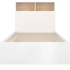 Cadre de lit simple blanc et hêtre 90x190 cm avec tête de lit et rangement