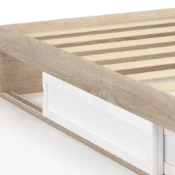 Cadre de lit simple 90x190 cm bois façon hêtre et blanc avec rangement et sommier 10 lattes