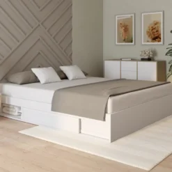 Cadre de lit 180x200 cm avec sommier et rangement blanc