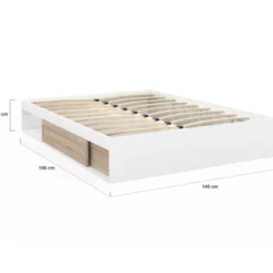 Cadre de lit 140x190 cm avec sommier et rangements blanc et bois façon hêtre