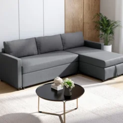 Canapé avec méridienne convertible en tissu gris anthracite