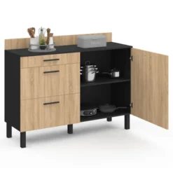 Casserolier bois noir et façon hêtre 120 cm plan de travail H.83 cm 1 porte + 3 tiroirs