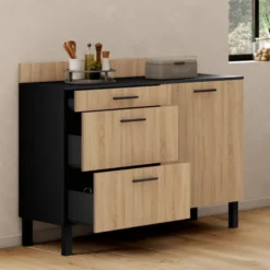 Casserolier bois noir et façon hêtre 120 cm plan de travail H.83 cm 1 porte + 3 tiroirs