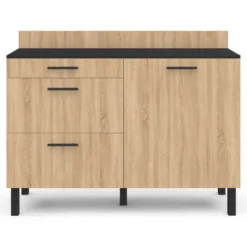 Casserolier bois noir et façon hêtre 120 cm plan de travail H.83 cm 1 porte + 3 tiroirs