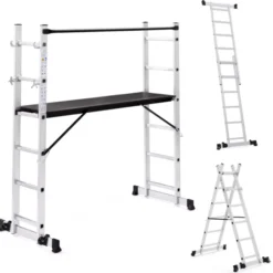 Échafaudage aluminium plateforme modulable avec échelle multifonction, sur roues, 165 cm