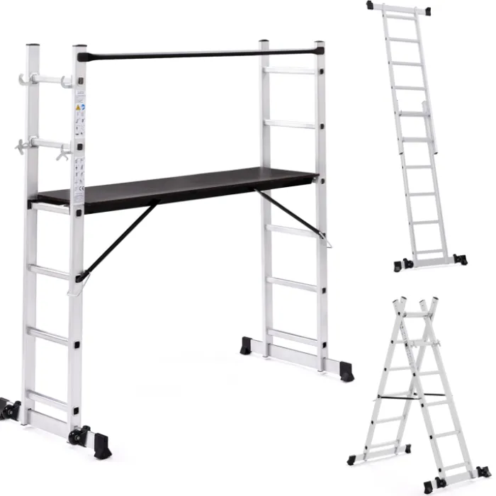 Échafaudage aluminium plateforme modulable avec échelle multifonction, sur roues, 165 cm