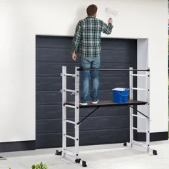 Échafaudage aluminium plateforme modulable avec échelle multifonction, sur roues, 165 cm