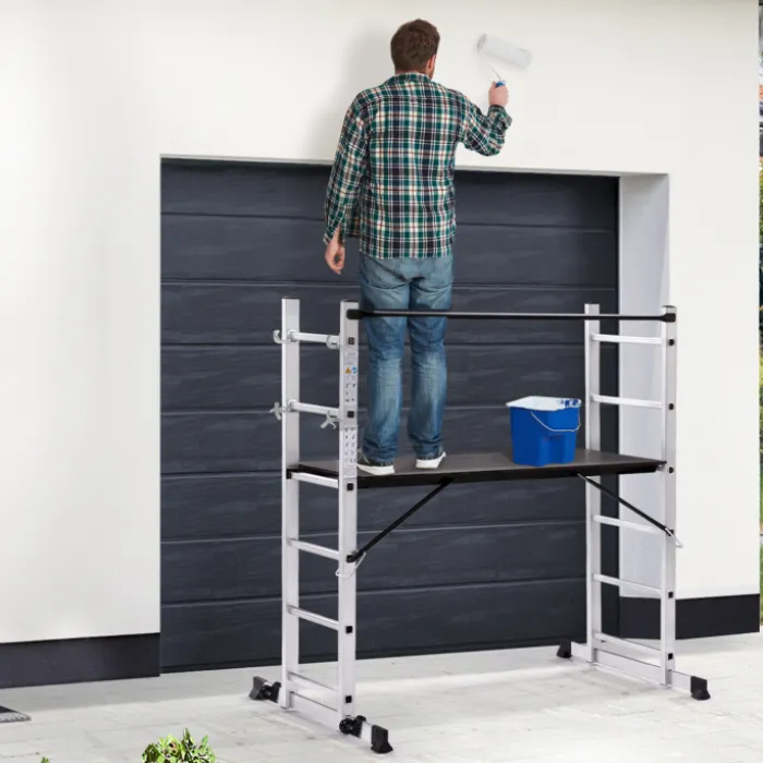 Échafaudage aluminium plateforme modulable avec échelle multifonction, sur roues, 165 cm